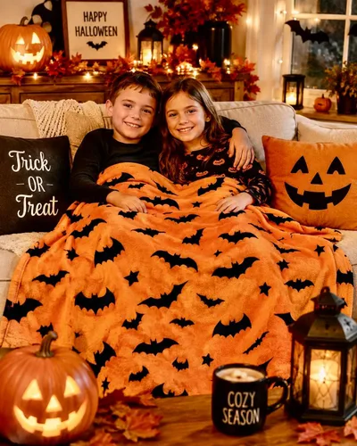 Vista 4 de Manta de forro polar de Halloween, murciélagos negros sobre fondo naranja, 50 x 70 pulgadas Ultra-soft cozy flannel fleece, for sofa couch bed