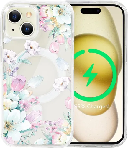 Vista 41 de Funda magnética de flores para iPhone 15 [compatible con MagSafe] Bonito patrón floral transparente a prueba de golpes