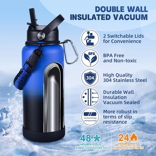 Vista 3 de Botella de Agua Aislada, botellas de agua de boca ancha de acero inoxidable de 32 onzas con 2 tapas a prueba de fugas y mango de paracord, botella