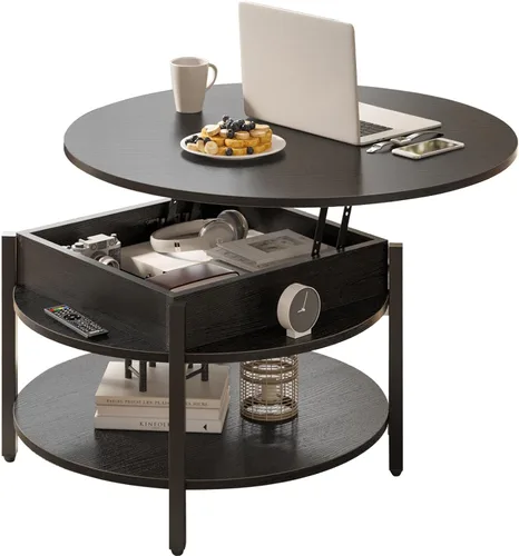 Vista 11 de FABATO Mesa de Centro Redonda con Tapa Elevable con Almacenamiento y Compartimento Oculto, 26.77'' Mesa de Centro Estilo Granja para Sala de Estar