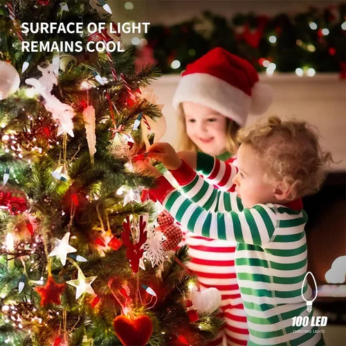 Vista 6 de WATERGLIDE Luces de Navidad C6, 100 luces LED de 33 pies, guirnalda de luces facetadas de alambre verde con adaptador seguro, 8 modos