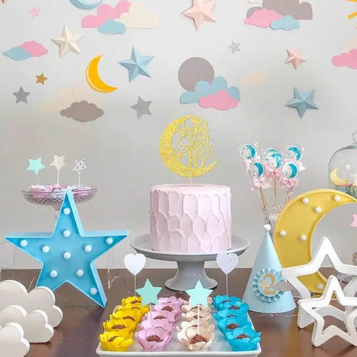 Vista 6 de 1 pieza de decoración de pastel de 16 años con purpurina de luna y estrella de luna feliz 16 cumpleaños, decoración para tartas de cumpleaños de 16