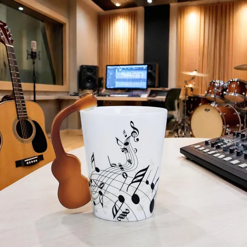 Vista 5 de Taza de guitarra acústica de 13.5 onzas, taza de té y café para guitarristas Mango de guitarra acústica 3D, diseño de personal de música, uso