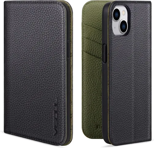 Vista 16 de VISOUL Funda tipo cartera de piel auténtica para iPhone 14, con tapa magnética, con tarjetero y función atril, compatible con iPhone 14