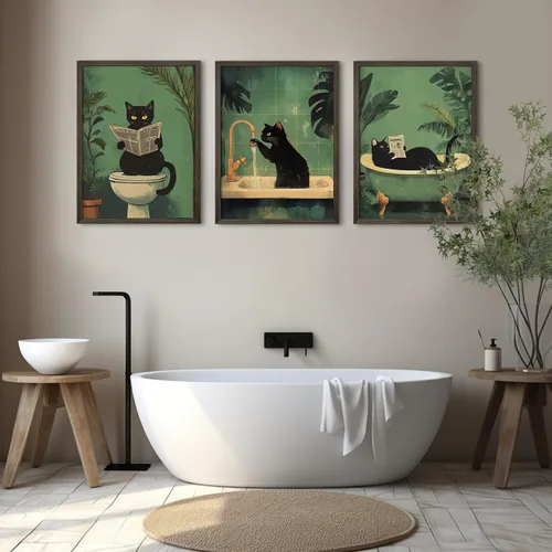 Vista 5 de Arte de pared de baño de gato, lienzo divertido para decoración de pared, imágenes de gato negro, impresiones lindas divertidas para baño, póster