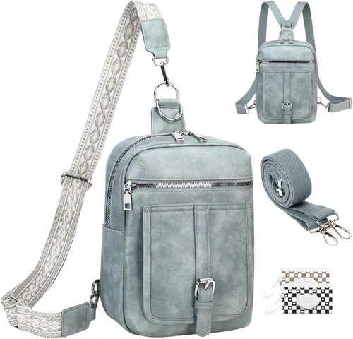Vista 21 de Bolso Bandolera Mochila Cruzada - 2 en 1 Bolso Cruzado de Cuero Riñonera con 2 Correas Extraíbles Mini diaper bag, Instant Wipes pocket