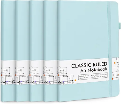 Vista 20 de feela Paquete de 5 cuadernos a granel, cuadernos de tapa dura clásicos rayados con soporte para bolígrafo para mujeres y niñas, suministros