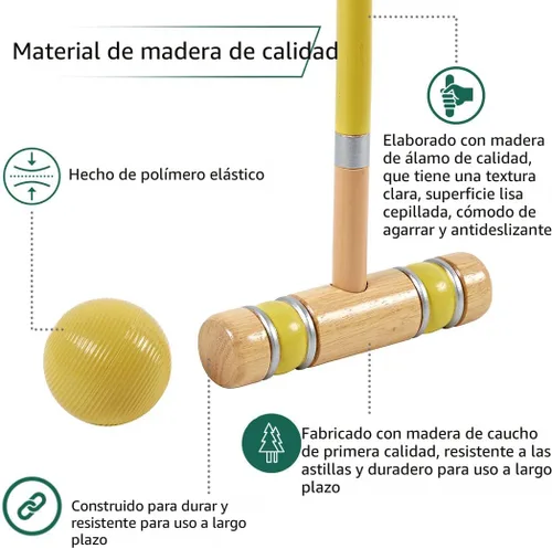 Vista 2 de ApudArmis Juego de Croquet para Seis Jugadores con Mazos de Madera de Goma Premium de 28 Pulgadas, Pelota de Colores, Arcos, Estacas – Juego