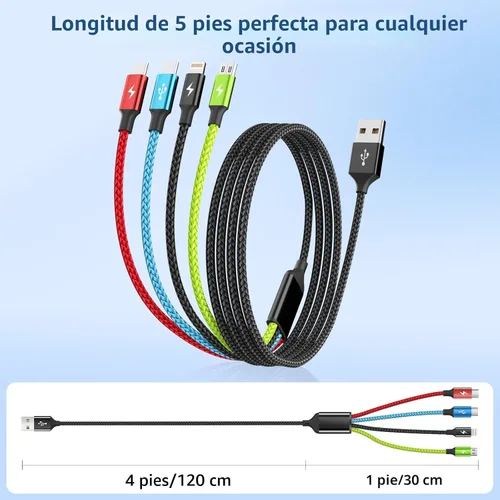 Vista 8 de Travel Essentials - Cable de carga múltiple [2 unidades de 5 pies], accesorios de automóvil, cables de carga 4 en 1, cable USB, cargador de teléfono
