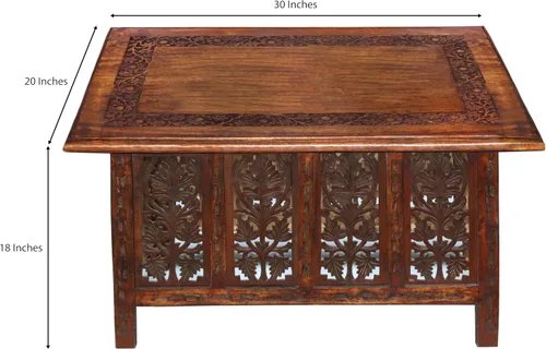 Vista 3 de COTTON CRAFT Mesa de centro de madera maciza, mesa central tallada a mano con patas plegables, mesa decorativa para sala de estar, espacios