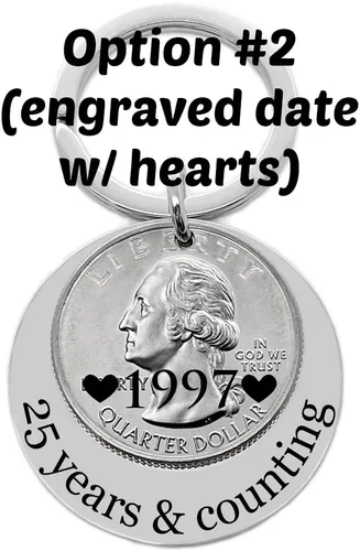 Vista 3 de 25th anniversary gift, 2000, 1999, 1998 1997 1996 1995 silver quarter key chain, 25 years and counting. 1994
