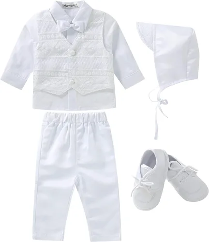 Vista 6 de Booulfi Trajes de bautizo para bautizo, ropa para niños, 5 piezas, trajes blancos