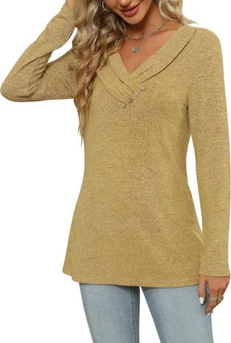 Vista 6 de Blusa casual de manga larga para mujer, para usar con leggings, cuello en V, con botones, estilo casual