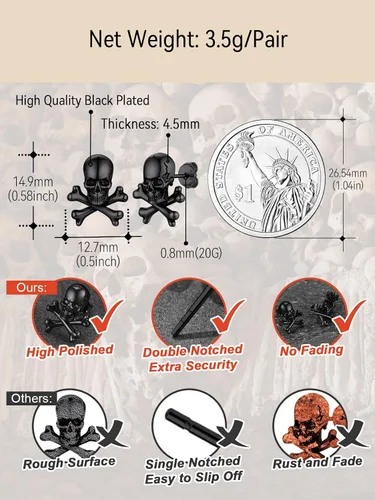 Vista 4 de FaithHeart Skull Hoop Earrings for Men SilverBlackGold Stainless Steel Huggie Hoop Earrings Lightweight Hypoallergenic Earrings for Sensitive Ears