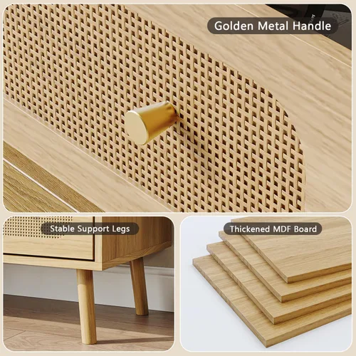 Vista 6 de SINROM® Cómoda de ratán para dormitorio, cómoda moderna de 7 cajones con asas doradas, cómoda de almacenamiento de madera para dormitorio, sala