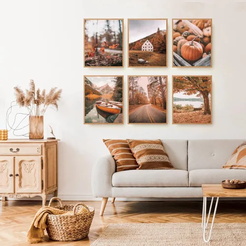 Vista 5 de Roslynity Juego de 6 impresiones artísticas de pared de otoño y naturaleza, obras de arte en lienzo para otoño, Acción de Gracias, árbol, montaña