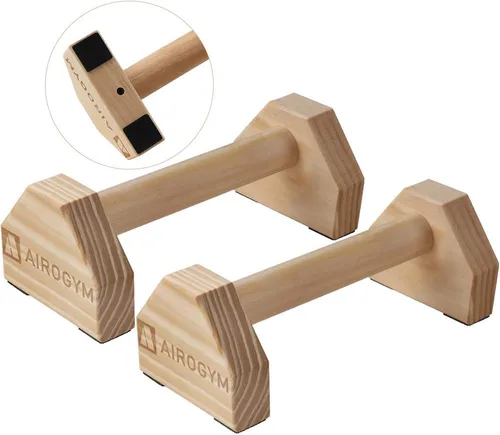 Vista 8 de Soporte de flexión, 2 barras de madera para flexiones, base antideslizante, equipo de entrenamiento en casa, 11.8 pulgadas, mango de paraletas