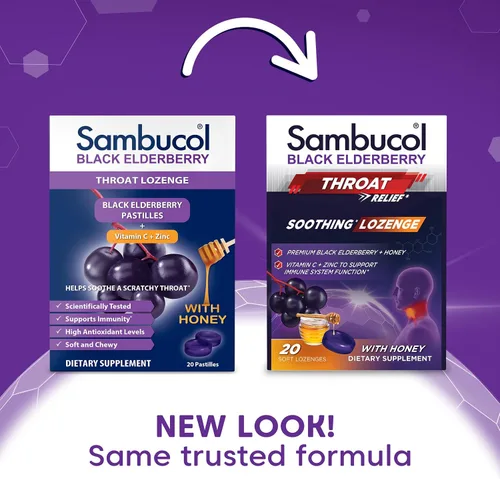 Vista 2 de Sambucol Pastilla negra de saúco para la garganta, gotas para el dolor de garganta con saúco negro, miel, vitamina C y zinc, alivio del dolor