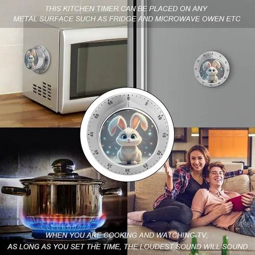 Vista 4 de Cute Rabbit Kitchen Timer Visual Timer for Cooking 60 Minute Wind Up Timers Stainless Steel Manual Magnetic Countdown Visual Mechanical Timers