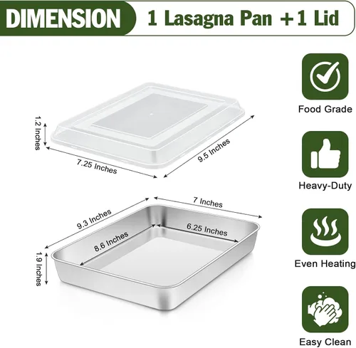 Vista 2 de TeamFar Molde para hornear con tapa, bandeja rectangular de acero inoxidable para lasaña de 9.3 x 7 pulgadas con tapa para cacerolas de brownies