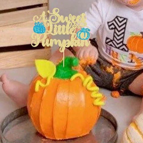 Vista 6 de Ephlyn 1 decoración para pastel de calabaza dulce y dorada, calabaza con purpurina azul y dorada, decoración para pastel de baby shower, temática