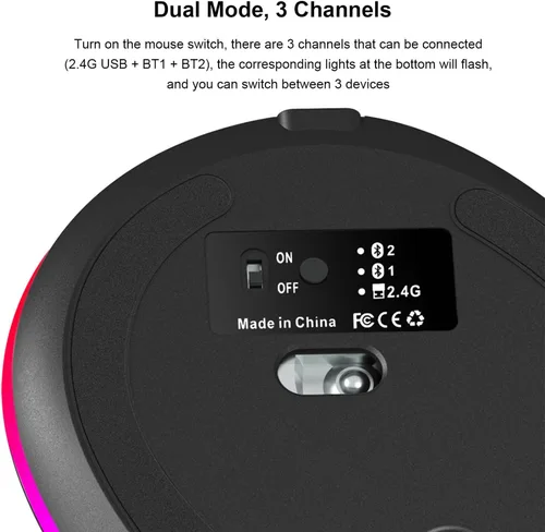 Vista 5 de Ratón vertical inalámbrico ergonómico Bluetooth, conexión de 3 dispositivos (BT1/BT2 + USB de 2.4 G), RGB 3200 DPI tipo C recargable portátil