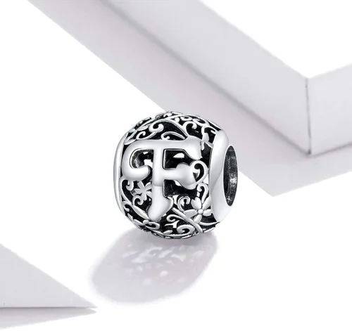 Vista 2 de Presentski Abalorios de plata de ley con inicial del alfabeto A-Z, cuentas de flor vintage para pulsera y collar