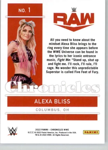 Vista 2 de 2022 Panini Chronicles #1 Alexa Bliss Raw Chronicles Official WWE Wrestling Card in Raw (NM or Better) Condition
