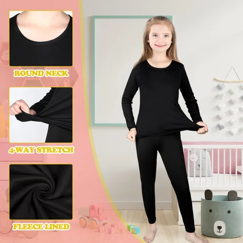 Vista 5 de Conjunto de 3 ropa interior térmica para niñas, suave, largo, para invierno, parte superior e inferior con forro polar y capa base para niñas