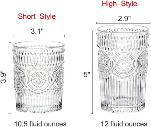 Vista 6 de LOYUYU Juego de 4 vasos de agua románticos, vasos de 12 onzas de alta calidad, juego de cristalería vintage para jugo, bebidas, cerveza, cóctel