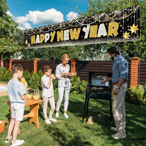 Vista 7 de KatchOn, XtraLarge Pancarta de Feliz Año Nuevo 2026-120X20 Pulgadas Letrero de Jardín de Año Nuevo para Decoraciones de Nochevieja 2026 Pancarta