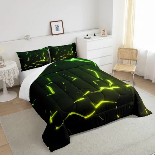 Vista 4 de Feelyou Juego de edredón de panal de abeja, juego de ropa de cama con estampado geométrico, juego de edredón acolchado con luces de neón amarillo