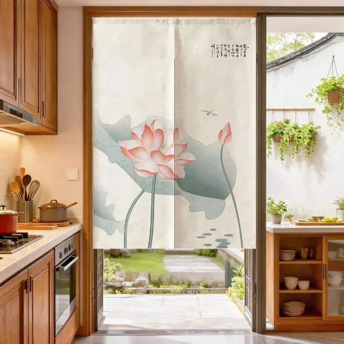 Vista 2 de MYRU Tapiz de cortina japonesa Noren para puerta (loto verde, 33.5 x 59 pulgadas)