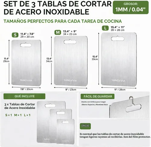 Vista 6 de Juego de 3 tablas de cortar de acero inoxidable de grado alimenticio 316L, tabla de cortar de doble cara para cocina, superficie de trabajo apta