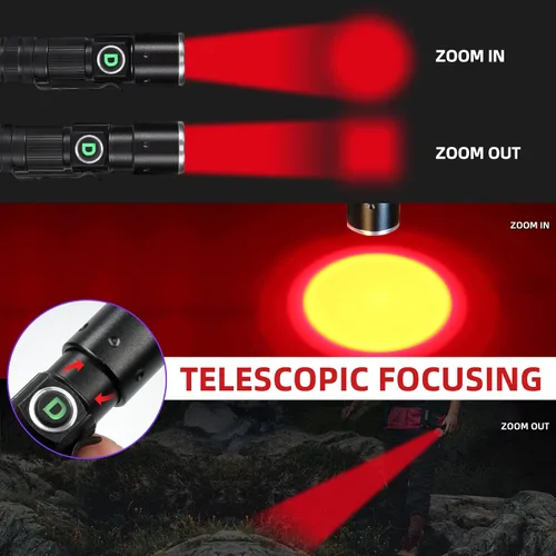 Vista 3 de DARKDAWN Linterna de Luz Roja Recargable USB, Mini Linternas LED de Luz Roja Enfoque Ajustable, Linterna Portátil con Clip de Bolsillo para Pesca