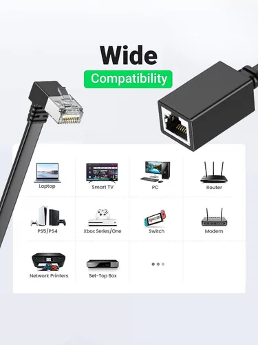 Vista 8 de Paquete de 2 cables de extensión Ethernet Cat7 de ángulo recto planos de 15cm/6 pulgadas, ángulo recto hacia arriba de 90 grados, cable de conexión