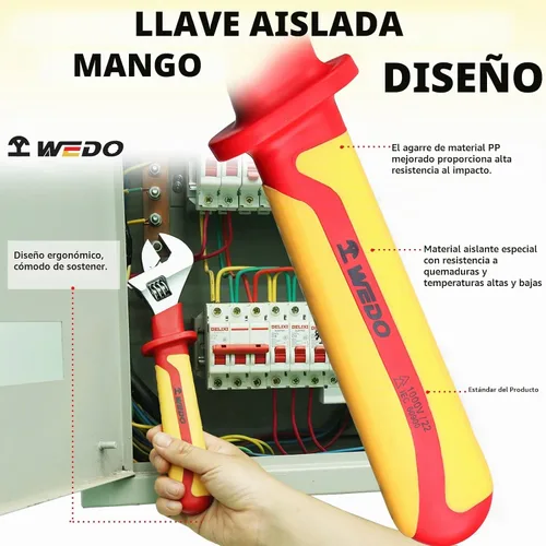 Vista 4 de WEDO Llave ajustable aislada de 6 pulgadas, llave de inyección ajustable VDE 1000V, llave de seguridad para electricistas, acero al cromo vanadio
