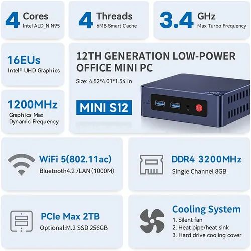 Vista 4 de Beelink Mini PC, Mini S12 Mini computadora 12ª generación Quad-Core N95, computadoras de escritorio 8G DDR4 RAM 256G SSD, PC pequeña 4K UHD Dual