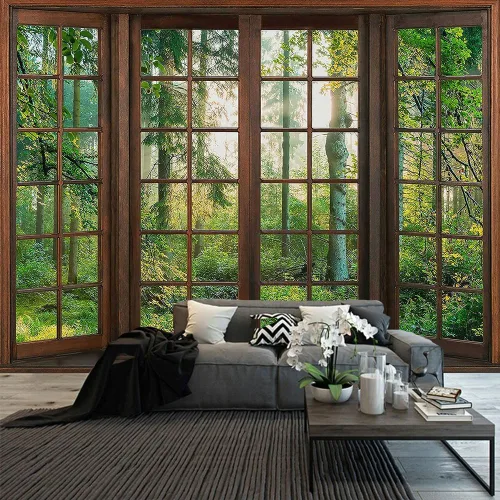 Vista 9 de Aidatain Tapiz Natural de Bosque Verde Escenario de Ventana Tapiz Estético de Pared para Dormitorio Franela 40" L x 30" A Manta de Playa Sala