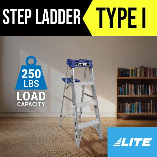 Vista 2 de LITE Escalera de aluminio de 4 pies con bandeja de herramientas, capacidad de carga de 250 libras, tipo I, LP-2111-04