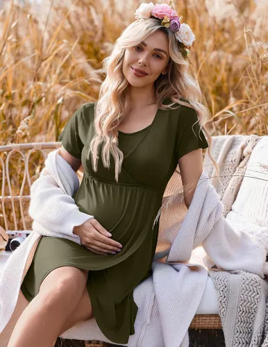 Vista 5 de Ekouaer Camisón de enfermería 3 en 1 camisón de maternidad de manga corta vestido de enfermería para lactancia materna ropa de dormir vestido