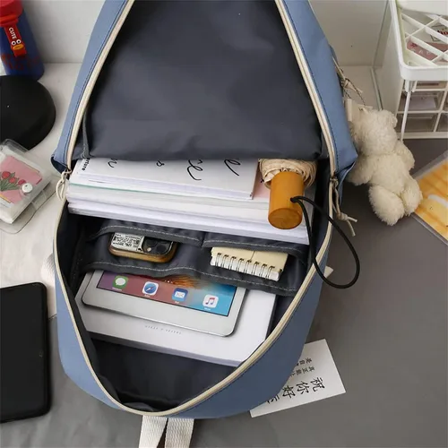 Vista 5 de Kawaii Juego de 5 mochilas Kawaii escolares con insignia y colgante de felpa bolsa de hombro caja de lápices bolsa de mano bolsa pequeña Arroz Negro