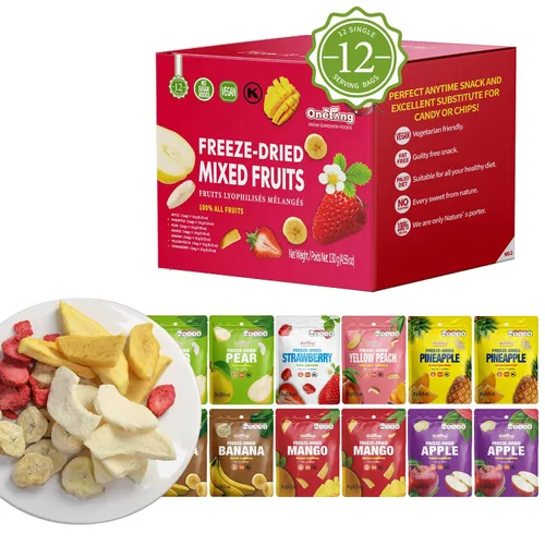 Vista 10 de ONETANG Fruta Mixta Liofilizada, Paquete de 12 Porciones Individuales, Sin OGM, Kosher, Sin Azúcar Añadido, Sin Gluten, Vegano, Regalos Navideños