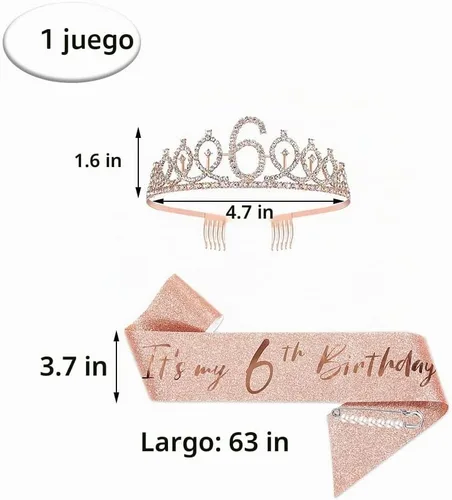 Vista 2 de Juego de banda y tiara de 6º cumpleaños, corona de banda de cumpleaños de oro rosa, suministros para fiesta de cumpleaños