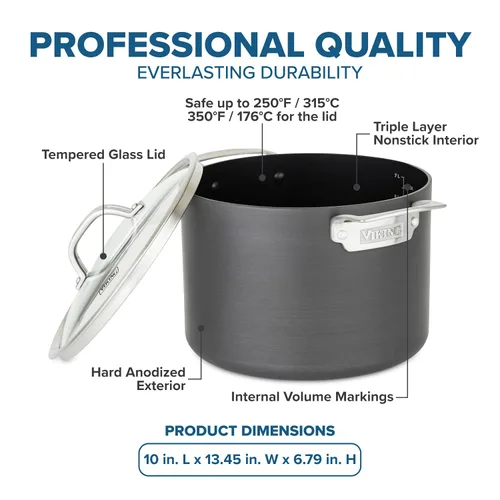 Vista 4 de Viking Olla antiadherente, 8 cuartos de galón anodizada dura olla de sopa antiadherente con tapa de vidrio, gris