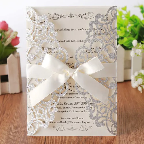 Vista 15 de Hosmsua 20 unidades de invitaciones de boda con flores de 13 x 18,5 cm con purpurina y corte láser con cintas y sobres para boda, despedida