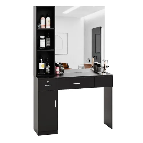 Vista 2 de mefeir Estación de peluquería para peluquería con soporte de pierna y espejo, equipo de peluquería, juego de muebles de spa (negro)