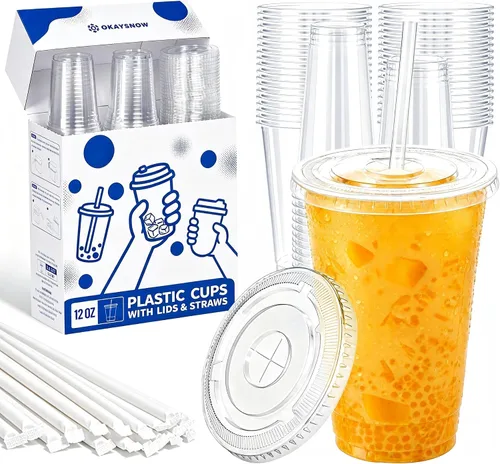 Vista 15 de 100 unidades de vasos de plástico transparente de 16 onzas con tapas y pajitas, caja dispensadora organizada, vasos desechables resistentes