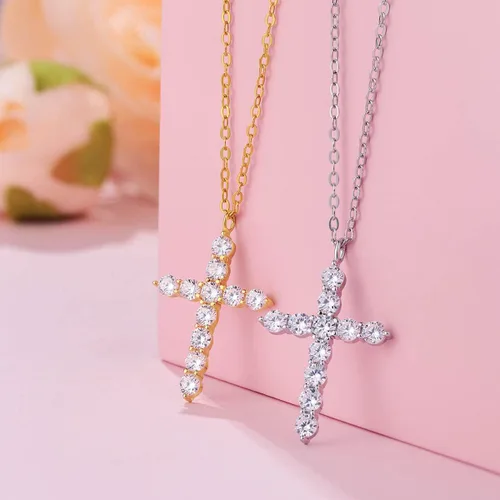 Vista 9 de Dowos 925 Sterling Silver Cross Necklace for Women, 18K Gold Plated AAAAA Cubic Zirconia Simulated Diamond Cross Pendant for Women Girls, 18''+2