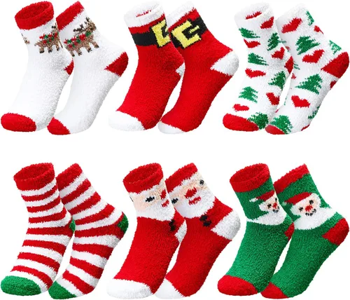 Vista 3 de 6 pares de calcetines de Navidad mullidos para mujer, calcetines de Navidad, calcetines cálidos de regalo de invierno, Multicolorido